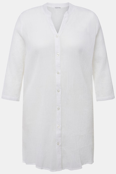 Longbluse, Krepp, Stehkragen, V-Ausschnitt, 3/4-Arm
