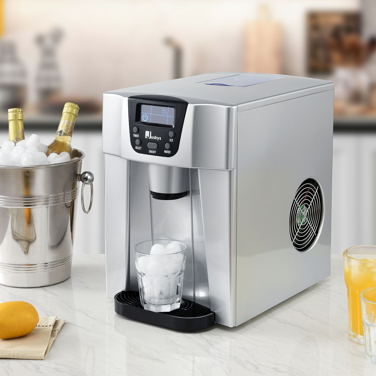 Juskys Eiswürfelmaschine PIM200L – 2 Eiswürfelgrößen, Timer – Elektrischer Eiswürfelbereiter Silber