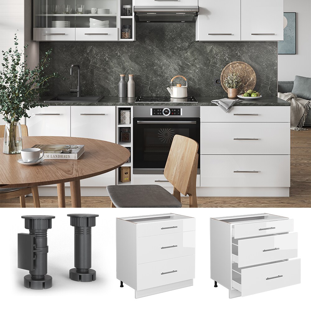 Vicco Schubladenunterschrank Küchenschrank Küchenmöbel Fame-Line Weiß 80 cm modern Hochglanz Küche Einbauküche Drehtür Blende Schublade Küchenunterschrank Küchenzeile