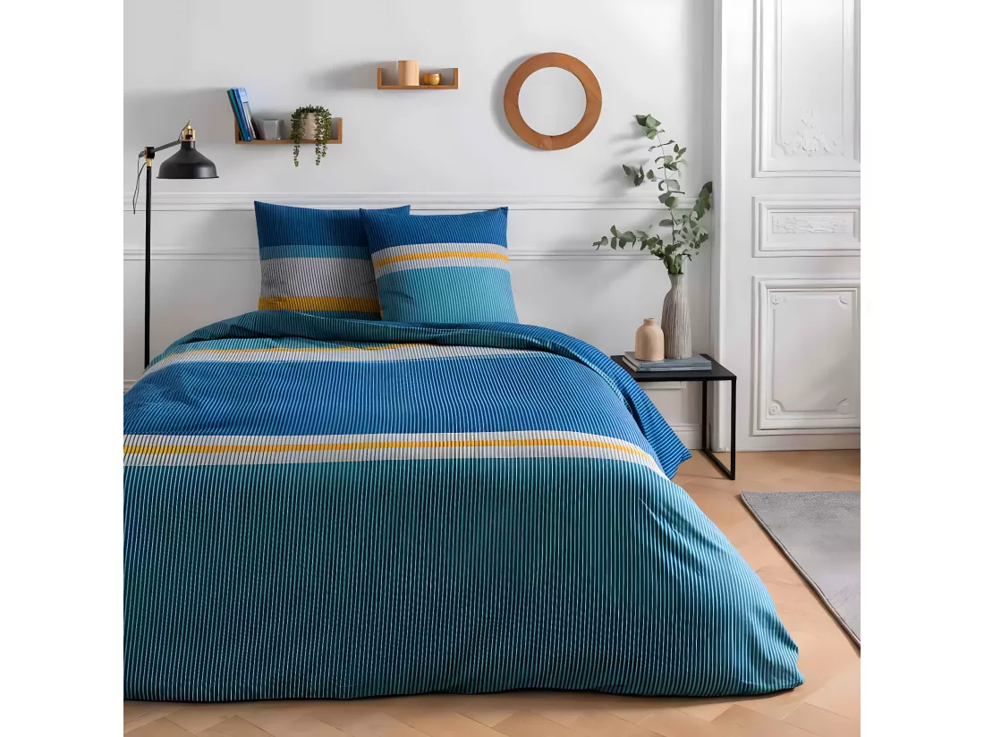 Parure de lit 2 personnes rayé en coton 57 fils 260x240cm