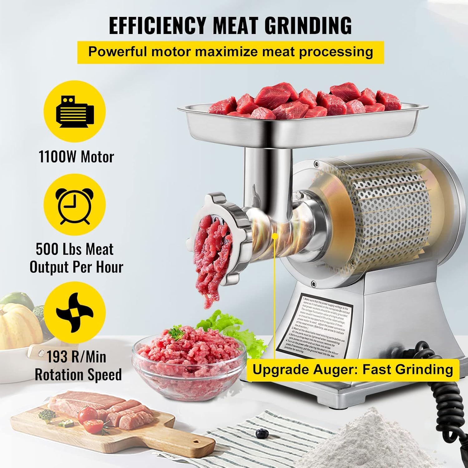 VEVOR Elektrischer Fleischwolf 850 W, Hackfleisch Maschine 150 kg pro Stunde, Elektrische Wurstmaschine 448 x 210 x 387 mm, Edelstahl Wurstmaschine 193 U/min, für Restaurant, Supermarkt, Metzgerei