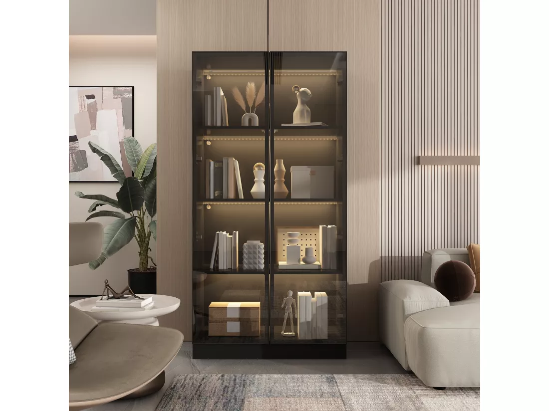 Vitrine avec LED et Portes en Verre Meuble de Rangement en Verre Debout avec 4 étagères Design Pop-up 80x40x160cm Noir