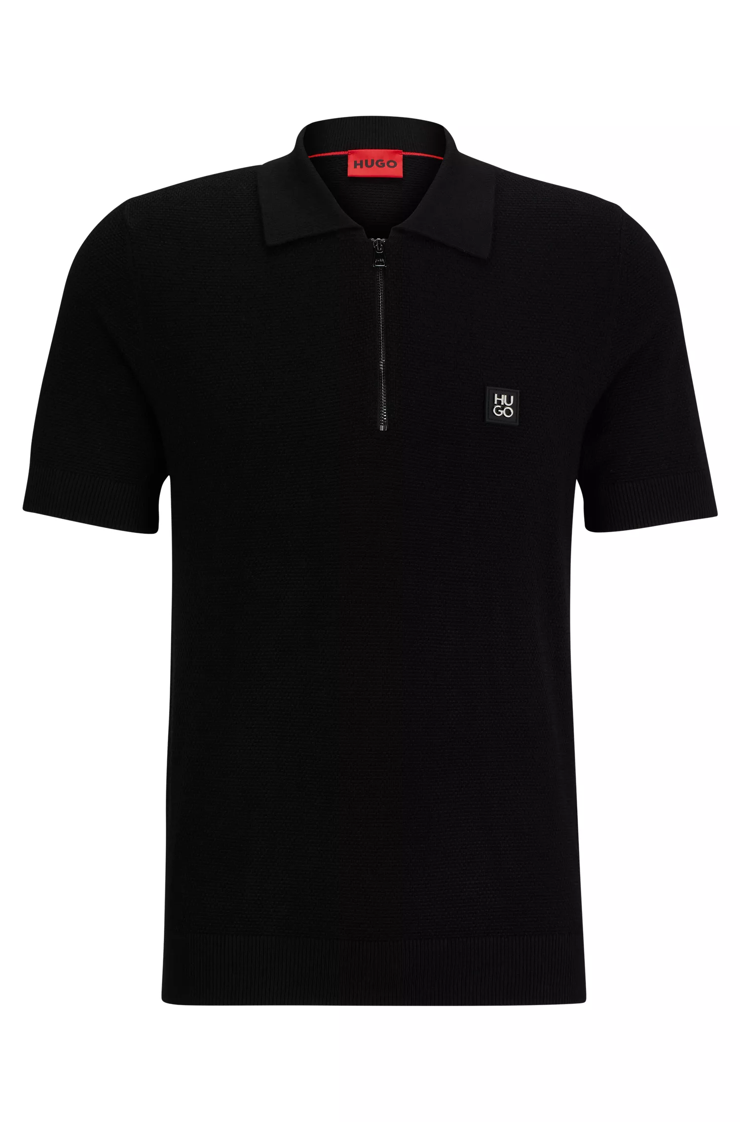 Suéter polo HUGO vermelho de manga curta com zíper no pescoço e logotipo sobreposto.