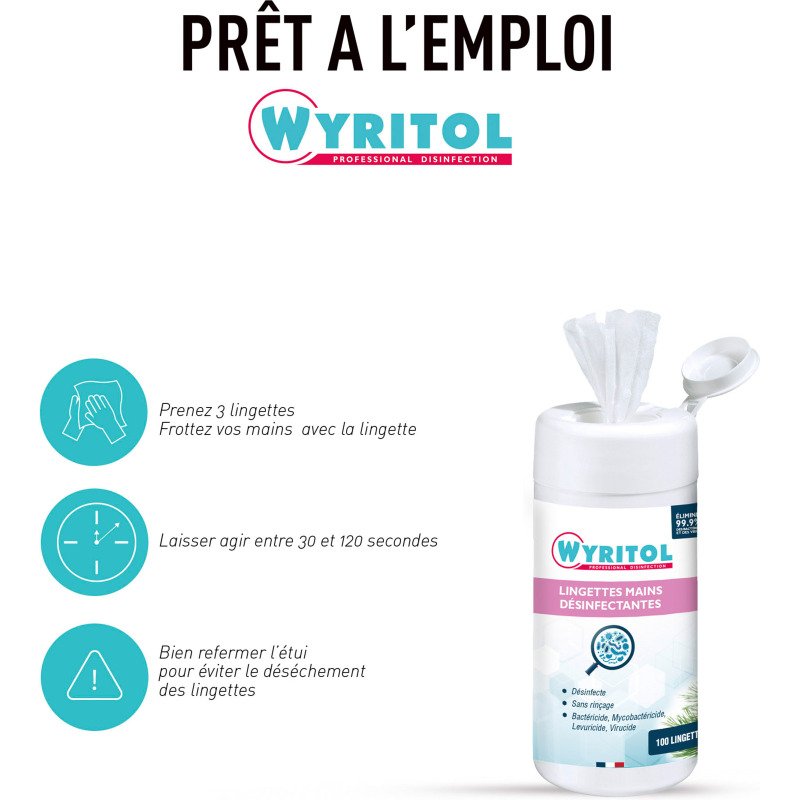 Lingettes nettoyantes désinfectantes mains Wyritol Professional Desinfection - Boîte de 100