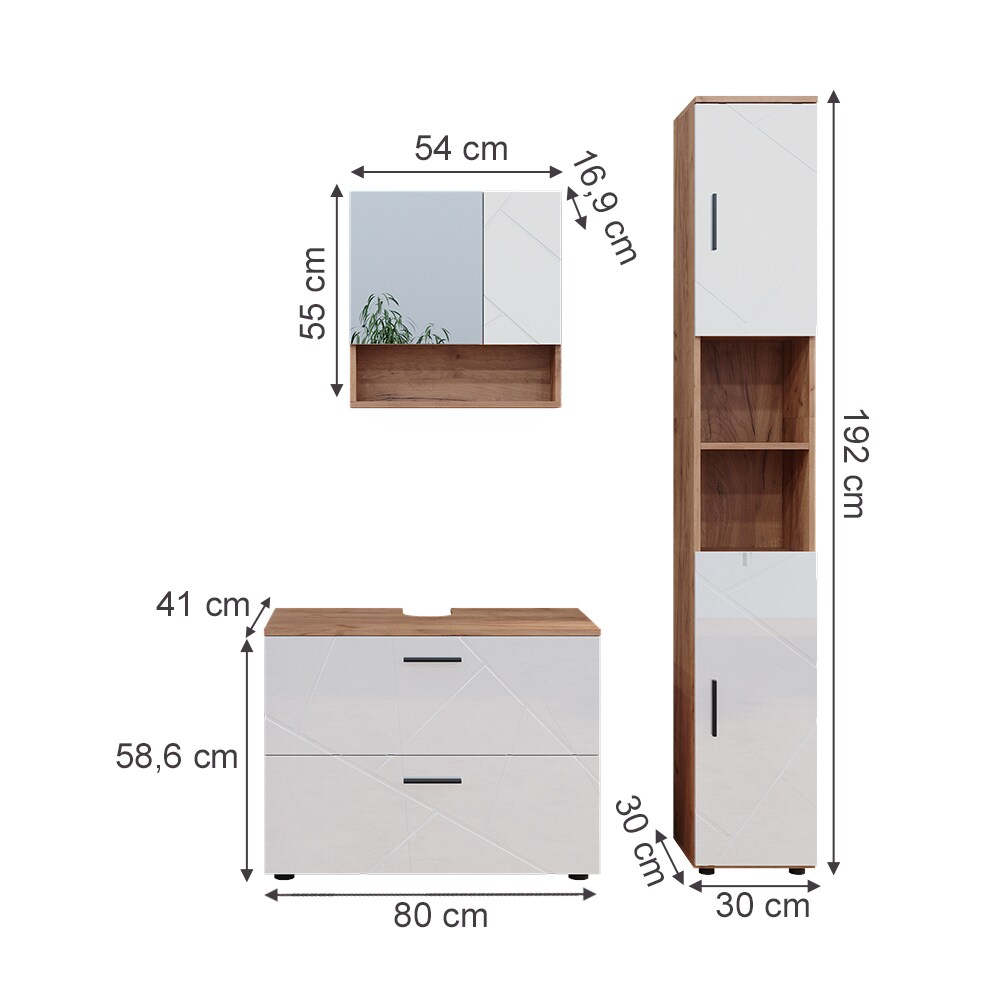 Vicco Badmöbelset Irma Eiche Weiß Hochglanz modern Badezimmerschrank Badschrank Badezimmermöbel Waschtischunterschrank Spiegelschrank Hochschrank Schrankschublade Schranktür Schrankfach