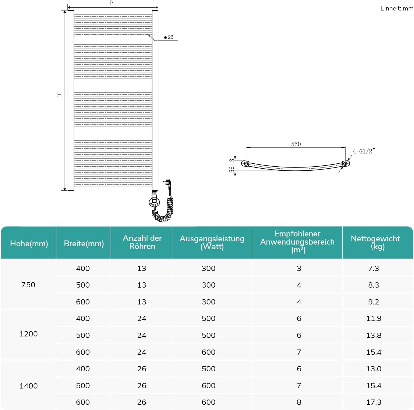 EMKE Handtuchheizkörper Elektrisch mit Thermostat 1400 x 500 mm, WiFi Intelligenter Gebogen Badheizkörper Elektrischer Handtuchwärmer Handtuchhalter mit Heizstab Weiß 600 Watt
