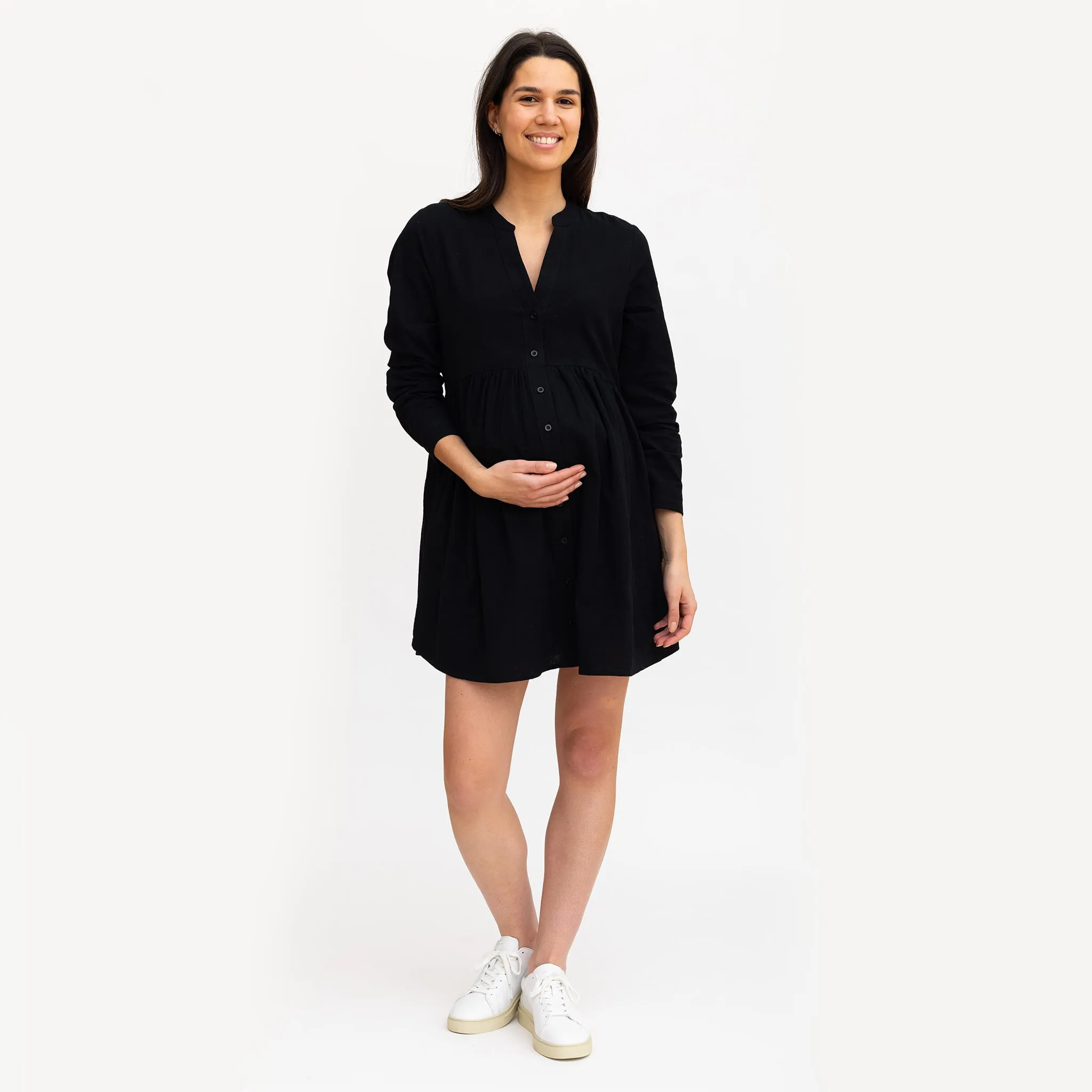 Bella Maternité Robe Boutons Mélange Lin Noire