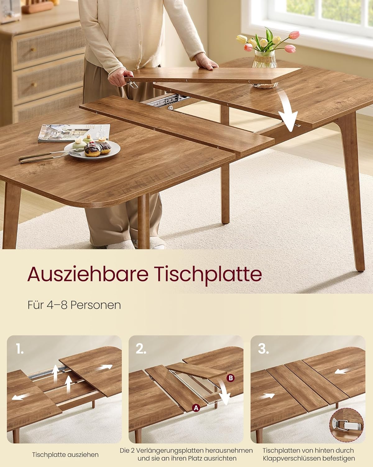 VASAGLE Esstisch, Esszimmertisch, Küchentisch, ausziehbare Tischplatte, 120 kg belastbar, für Esszimmer, Büro, Arbeitszimmer, Schlichtes Design, honigbraun KDT090K01