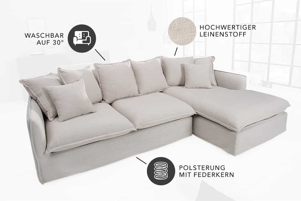 Großes Ecksofa HEAVEN 255cm natur beige Leinenstoff Federkern inkl. Kissen