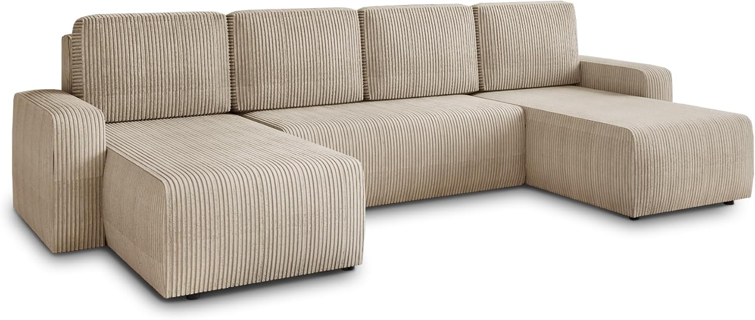 Sofnet Wohnlandschaft mit Schlaffunktion Roma - U-Form Couch, Schlafsofa mit Bettkasten, Couchgranitur mit Bettfunktion, Big Sofa, Cord Stoff (Beige (Poso 100))