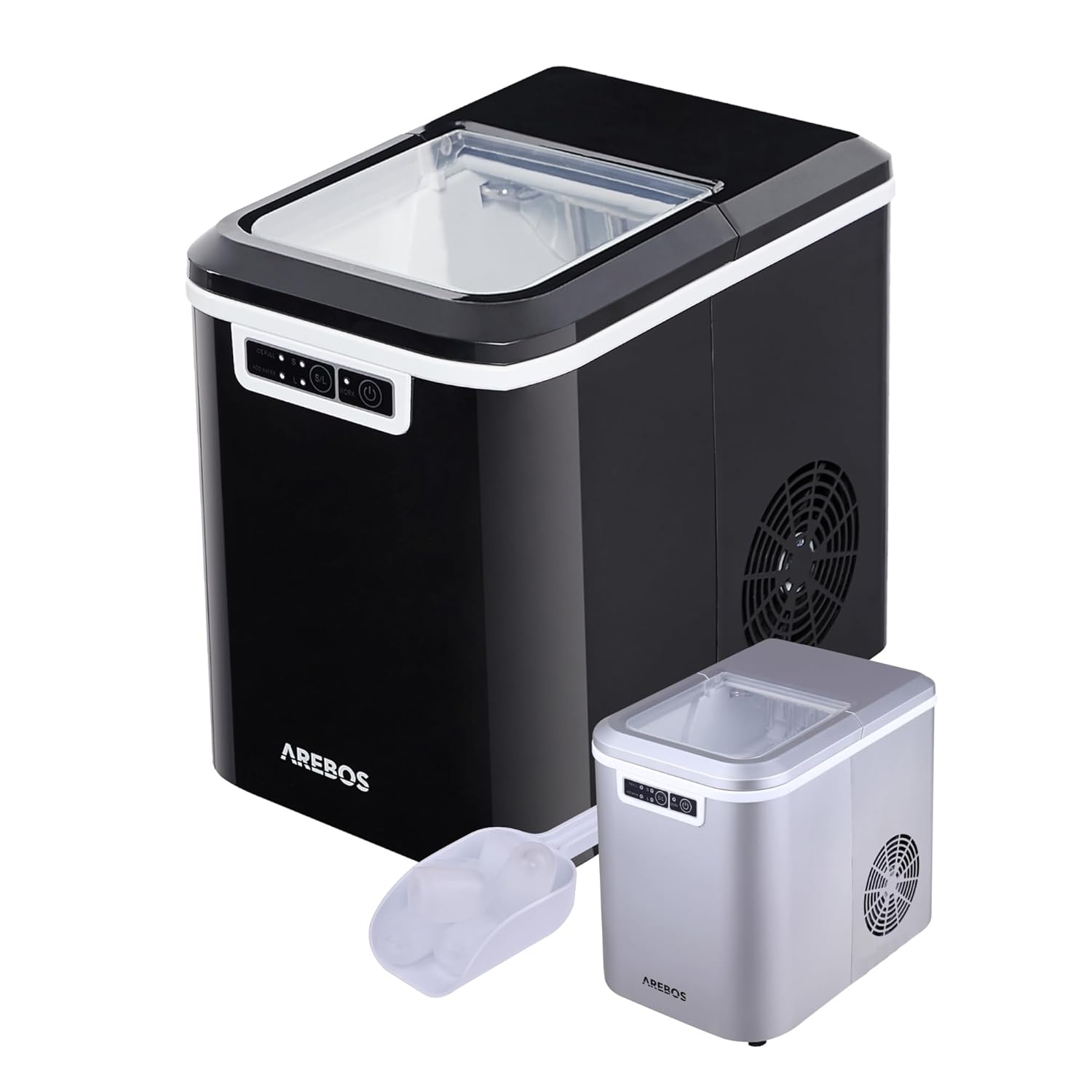 Arebos Eiswürfelmaschine | Ice Cube Maker | 12 kg / 24 h | 10-15 Minuten Produktionszeit | 2 Eiswürfel-Größen | 2,2 Liter Wassertank | Eiswürfelbereiter | Leise | Selbstreinigungsfunktion | Schwarz