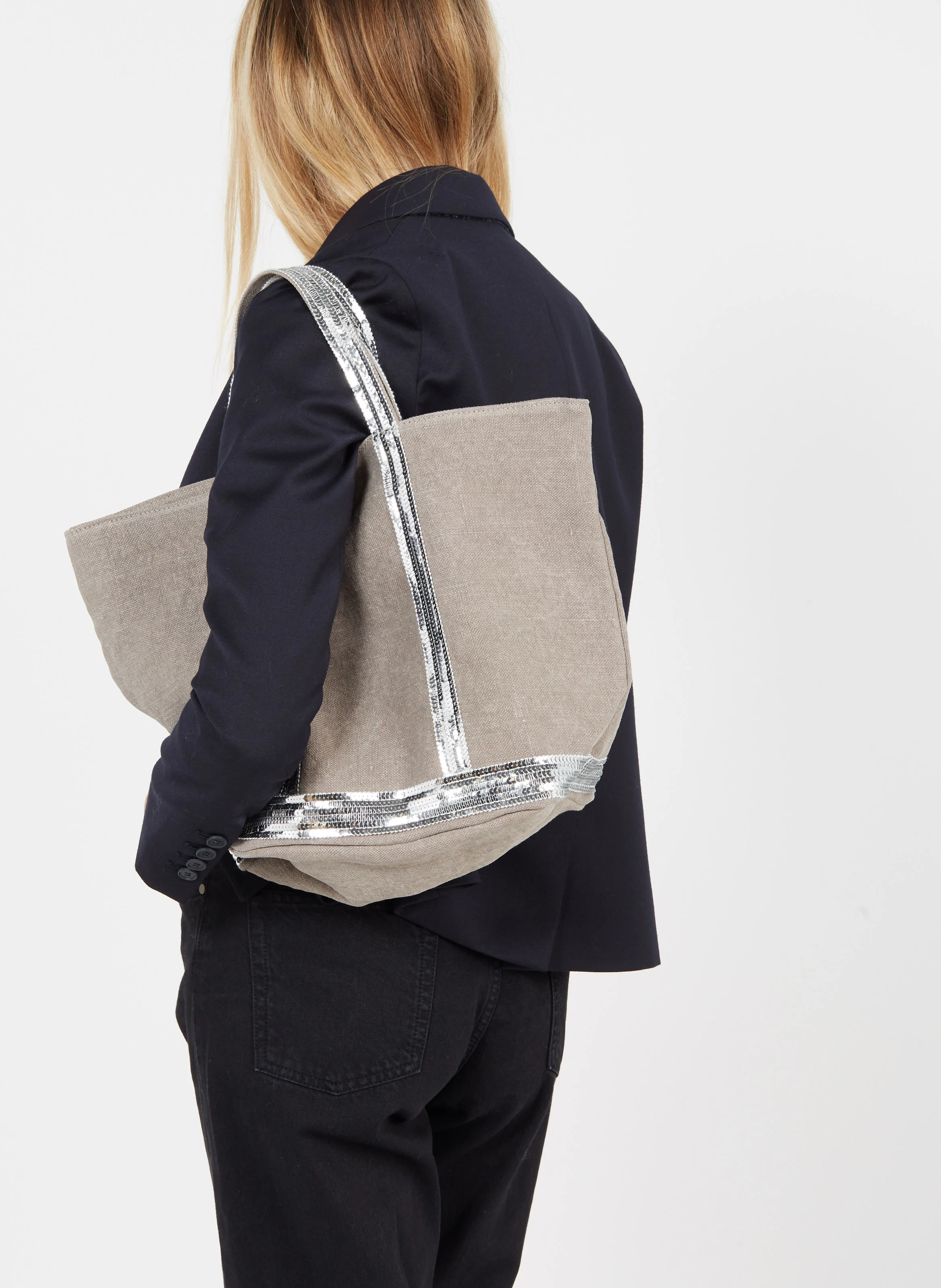 Cabas M brodé avec sequins en lin | Gris