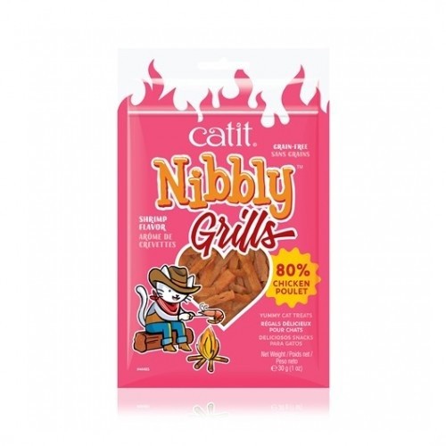 Petiscos para gatos Nibbly Grills, sabor camarão e frango.