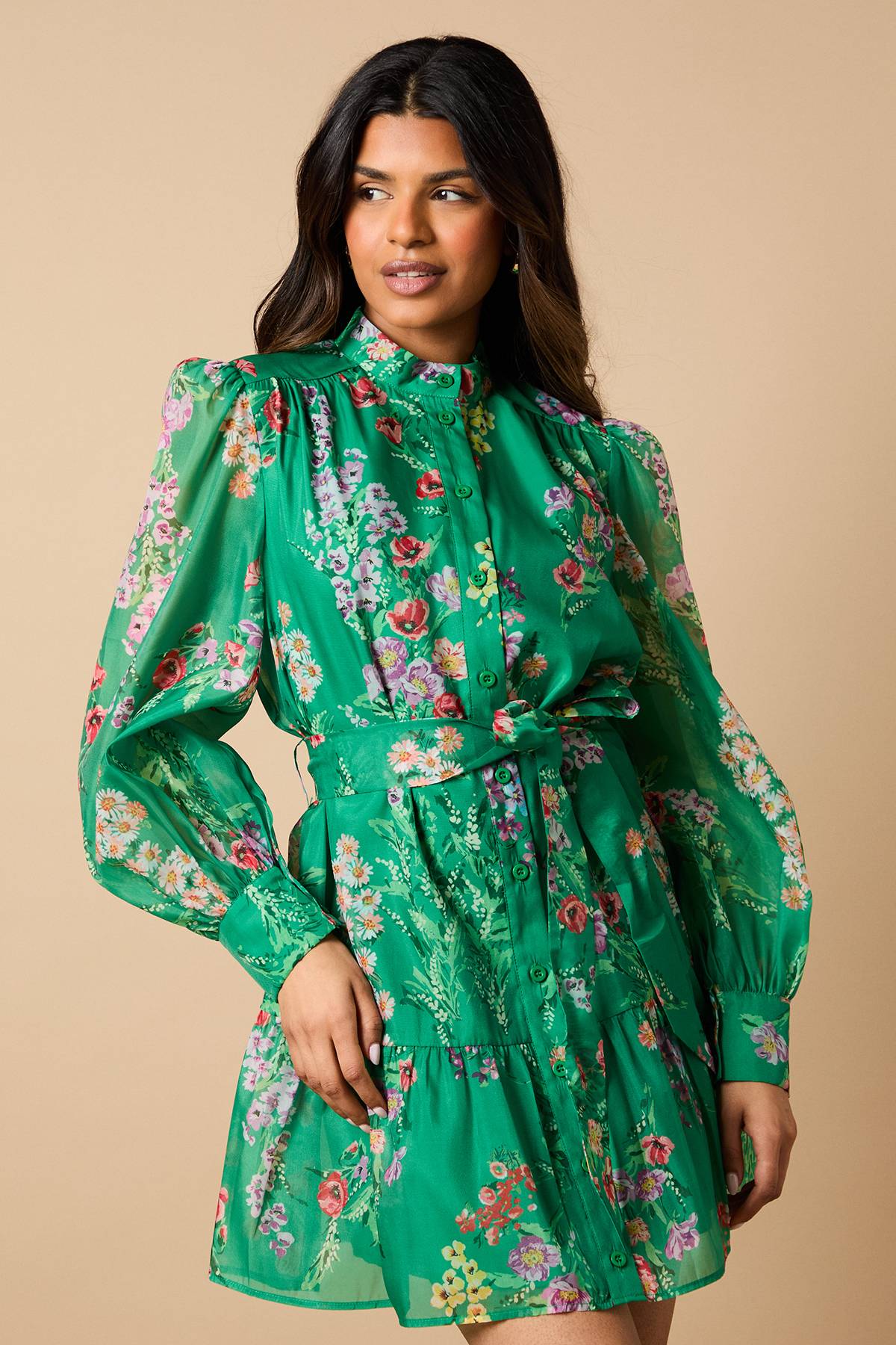 Oasis Petite Robe Chemise Mini en Organza Floral Vert
