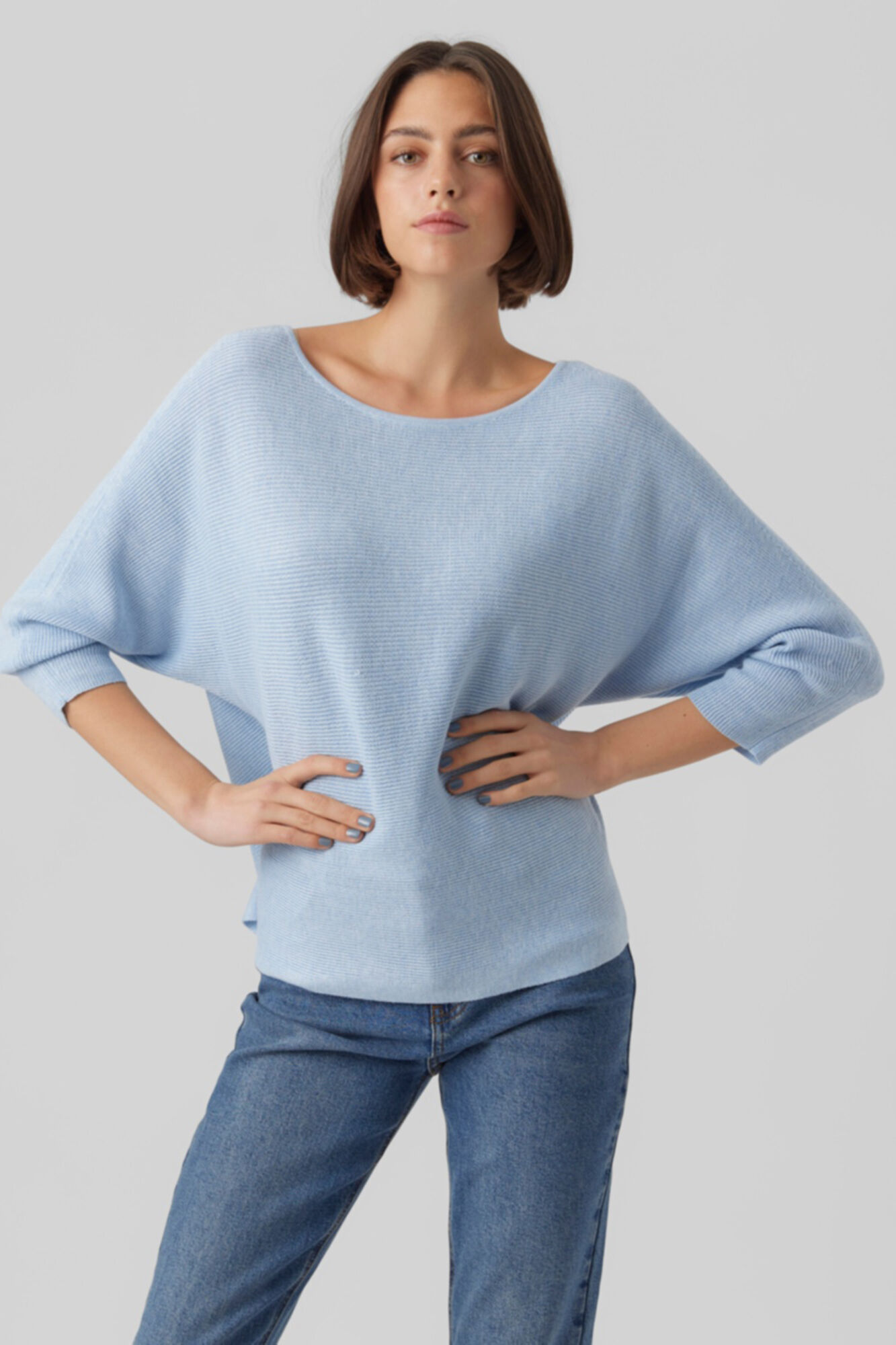 Blusa de malha com decote canoa e mangas 3/4 - Azul