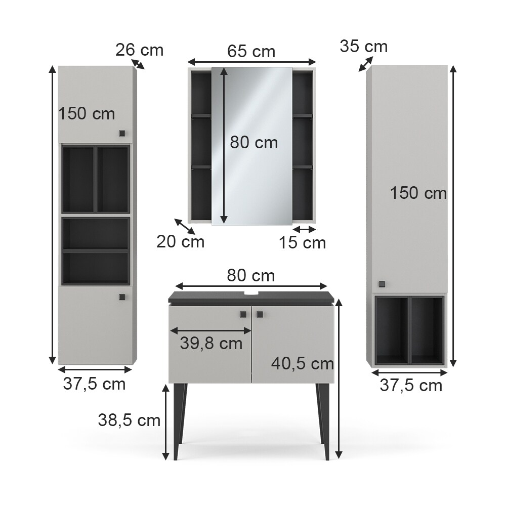 Vicco Badmöbel-Set Gerta in Grau-Schwarz, Badezimmer-Set, moderne Badserie, Spiegelschrank, Waschbeckenunterschrank, Hängeschrank