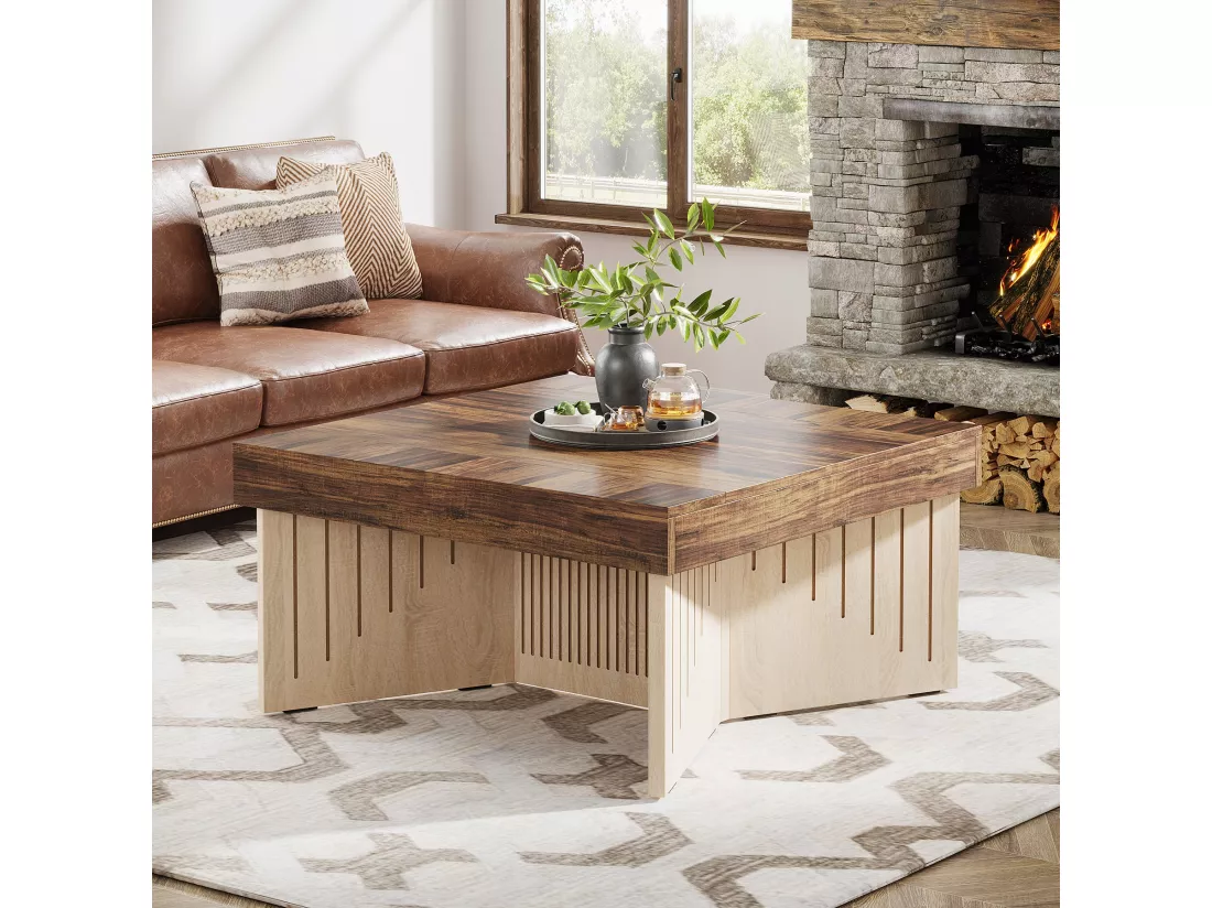 Tribesigns Table basse carrée en bois de 90 cm, table basse centrale de ferme avec lignes gravées, table basse pour salon