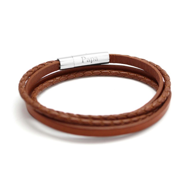 Bracelet cuir le mix cognac homme - gravure PAPA