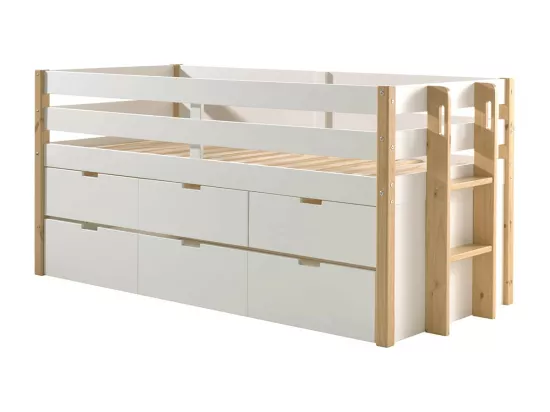 OLAF - Lit Gigogne Surélevé 90x200cm à Tiroirs Blanc et Bois