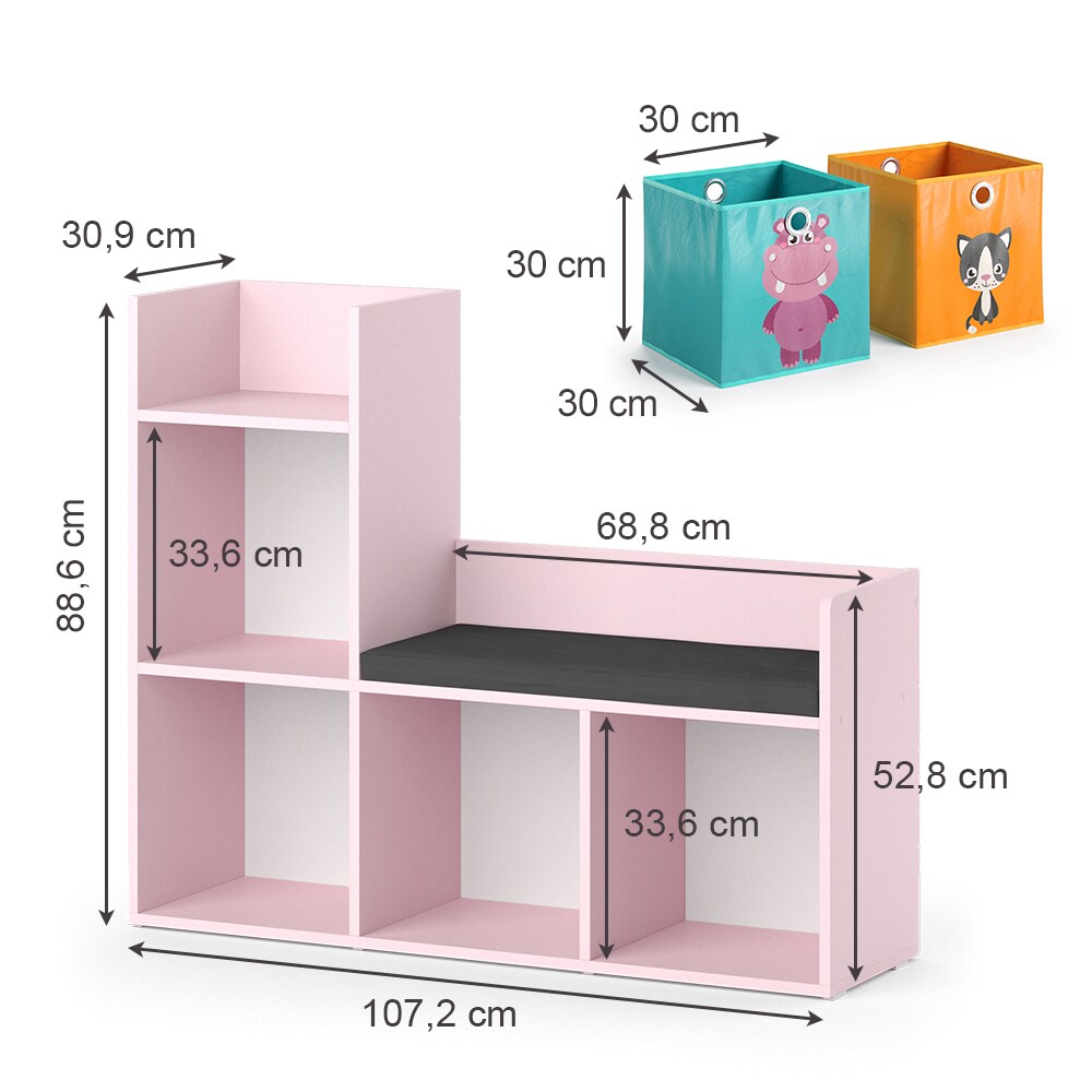 Vicco Regal mit Sitzbank Luigi 107 x 88 cm, Rosa, Kinderzimmer, mit 2 Faltboxen