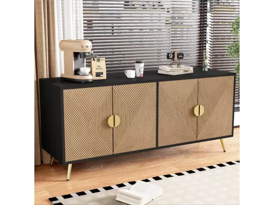 Buffet à quatre portes avec poignées en or brossé et pieds brillants Design symétrique Noir