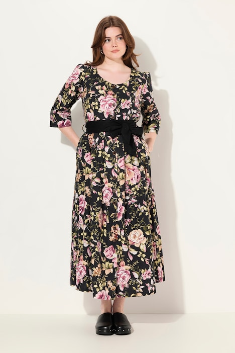 Maxikleid, Leinenmix, A-Linie, Rundhals, 3/4-Arm