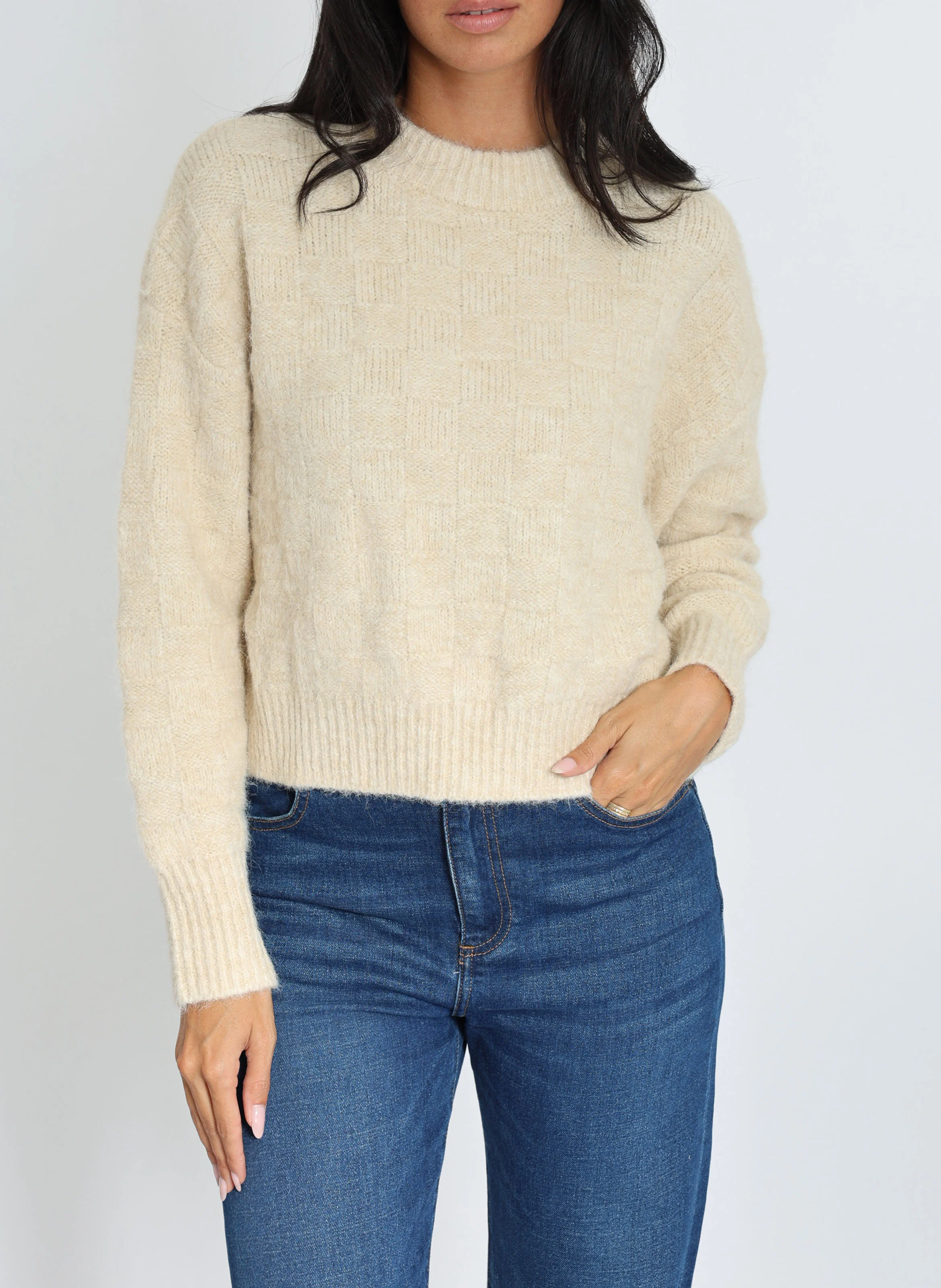 KYRA - Pull ample col rond en maille mélangée | Beige