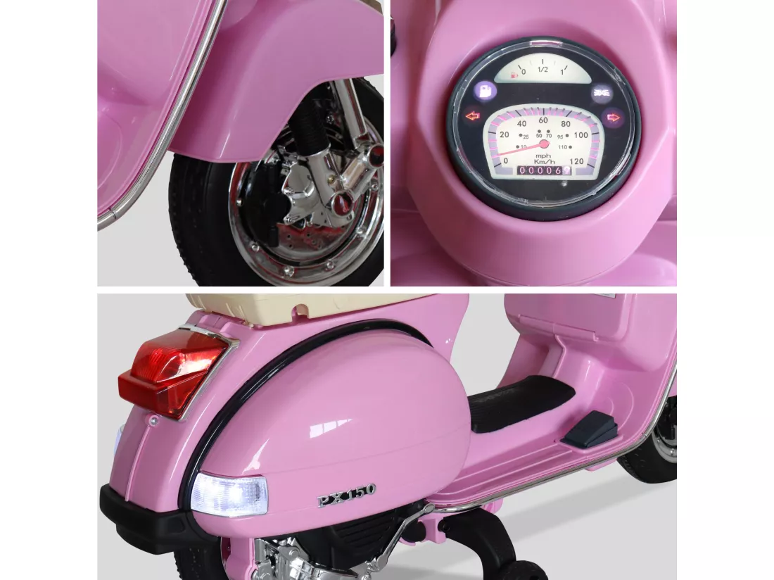 Vespa rose PX150. scooter électrique pour enfants 12V 4.5Ah. 1 place avec autoradio