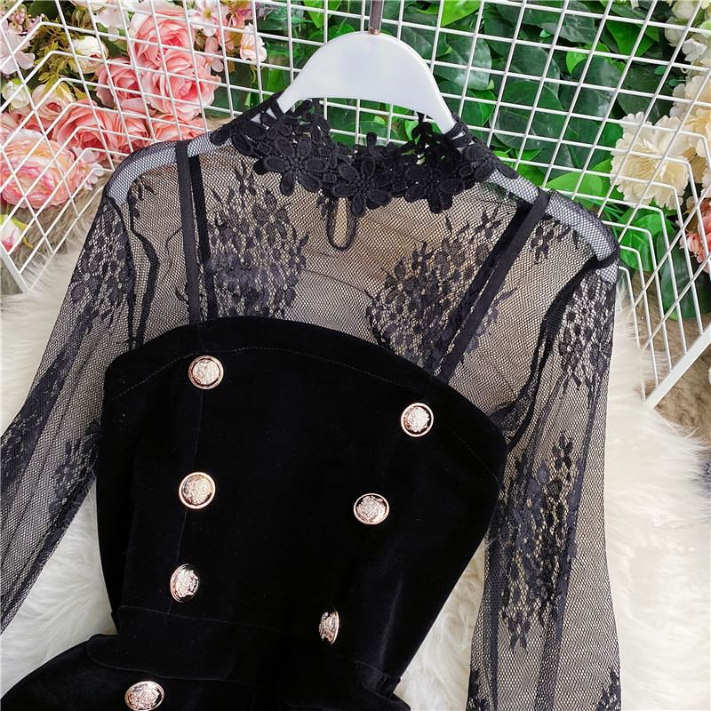 Yearnin - Set: Lange mouwen mesh top + dubbelrijs fluwelen playsuit