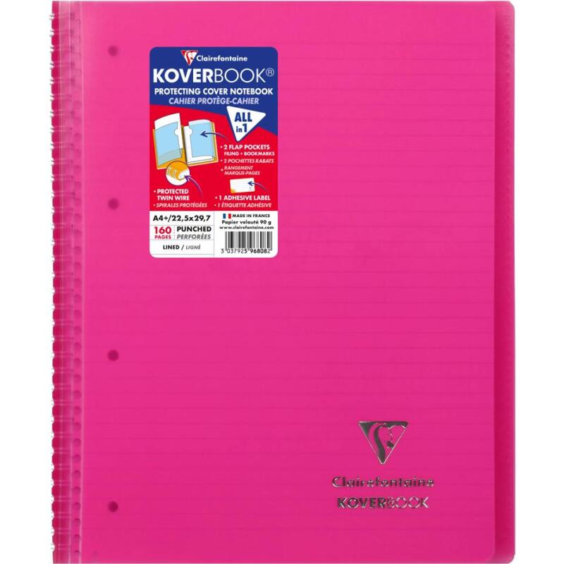 Cahier reliure intégrale enveloppante Koverbook A4+ 160 pages ligné + marge détachables perforé 4 trous couverture polypropylène transparent - Rose