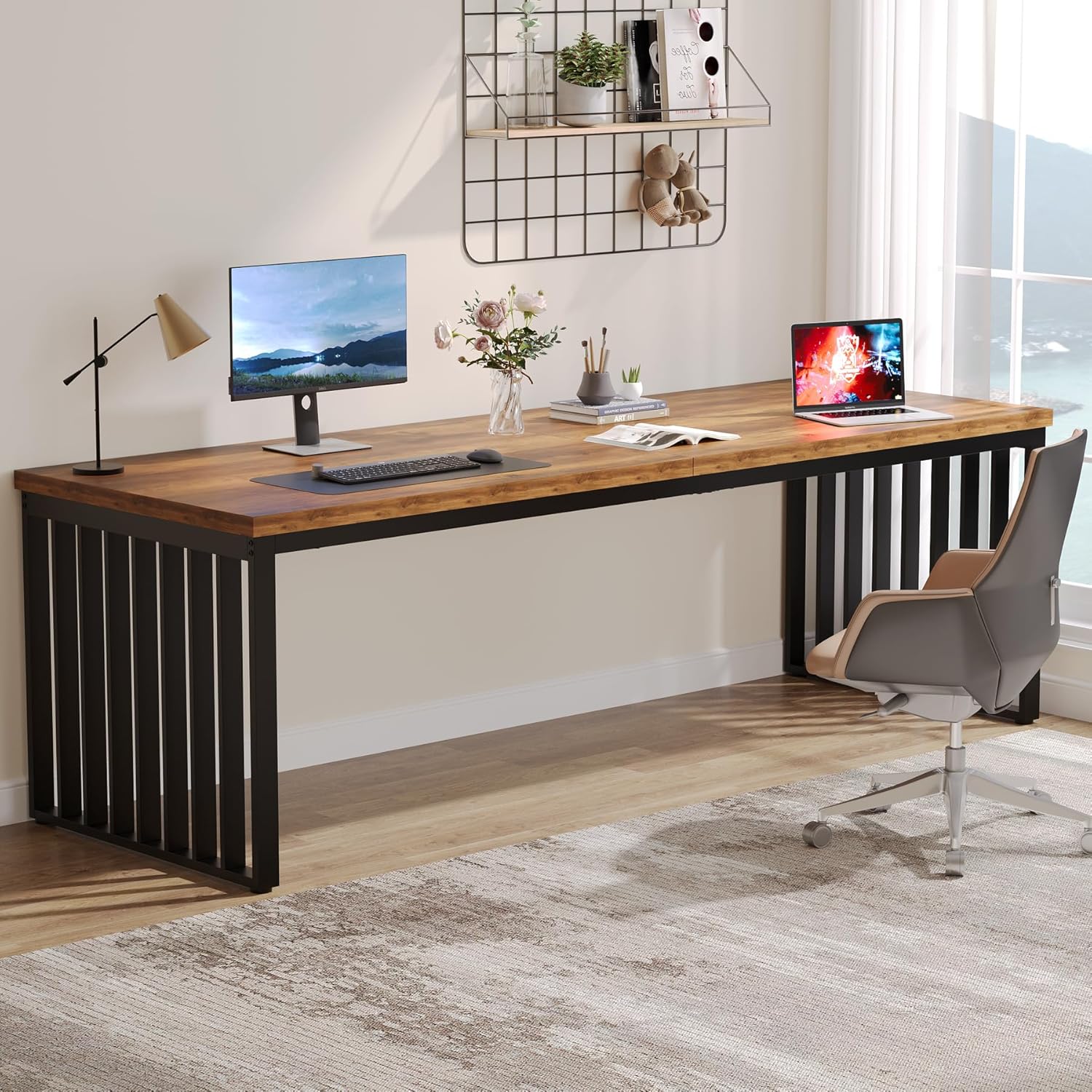 Tribesigns 180 cm Schreibtisch, großer Computertisch PC Tisch Bürotisch mit robustem Metallgestell, Arbeitsstation für Home Office zu Hause Schreibtische, Konferenztisch (ohne Stuhl) (Braun)