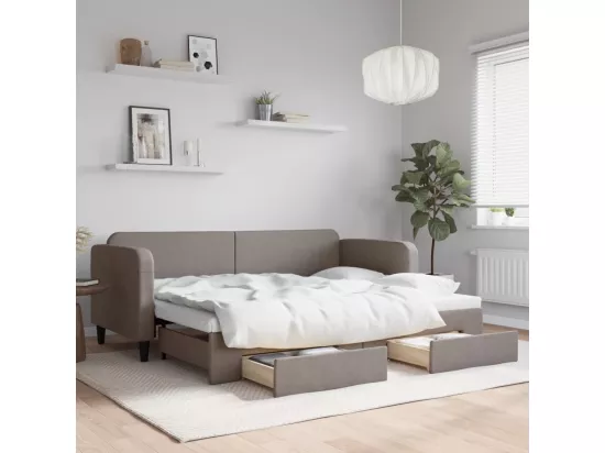 Lit de jour avec gigogne et tiroirs taupe 80x200 cm tissu