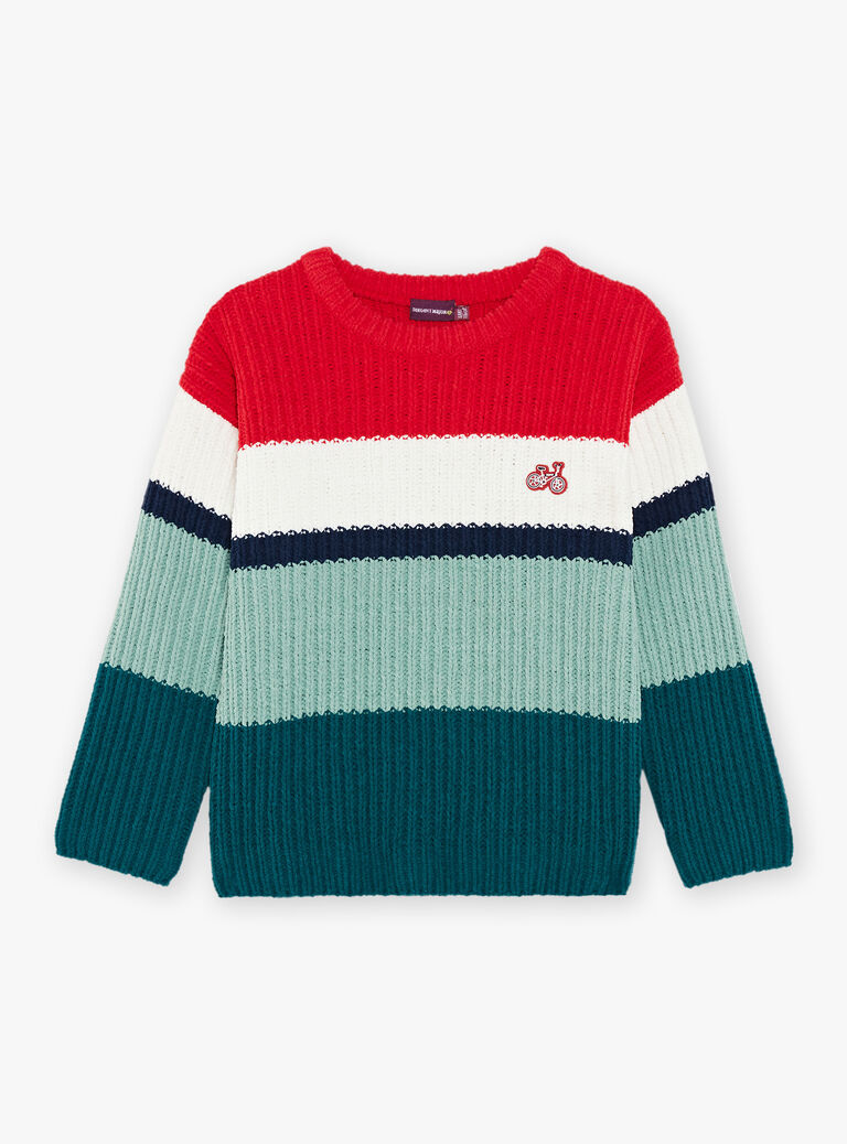 Pull à rayures rouge, vert, blanc et bleu marine
