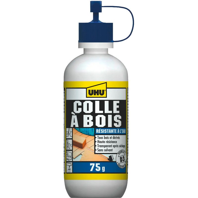 Colle bois resistante à l'eau, pour l'intérieur et l'extérieur UHU D3 - Flacon de 75 g