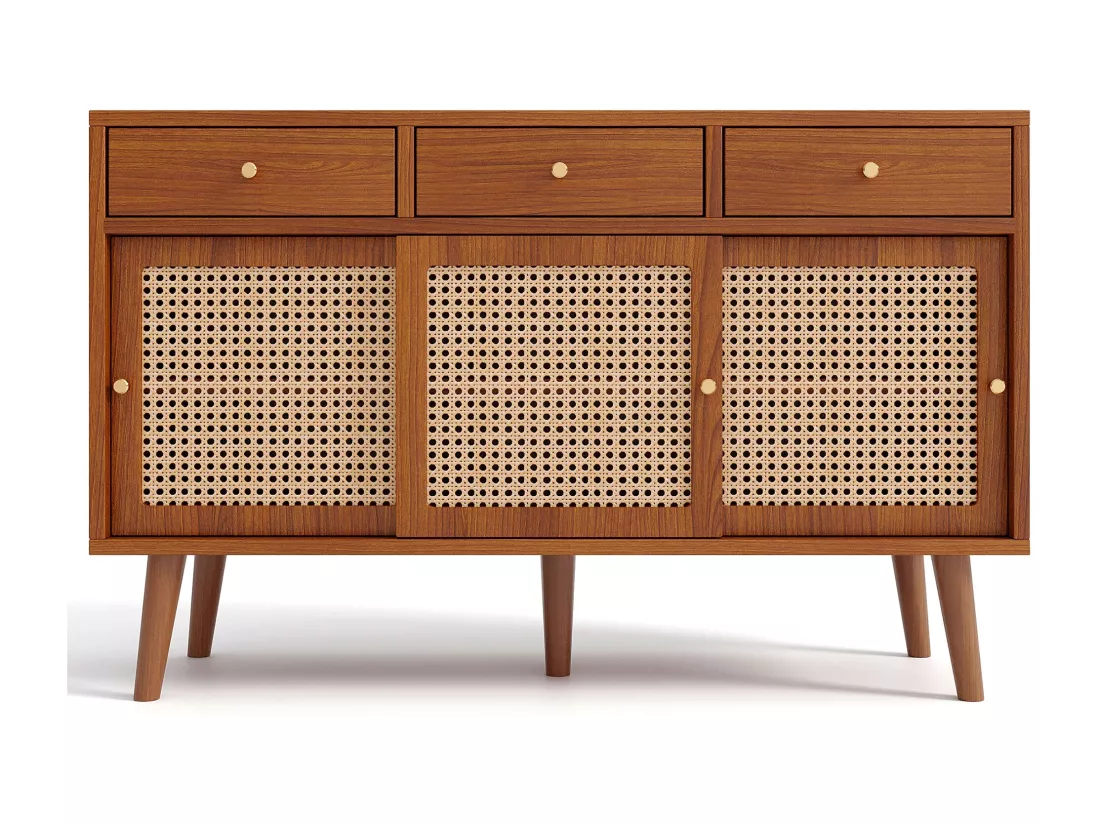 Buffet en noyer avec tiroirs et portes coulissantes en rotin, noyer,d120cm×h78cm