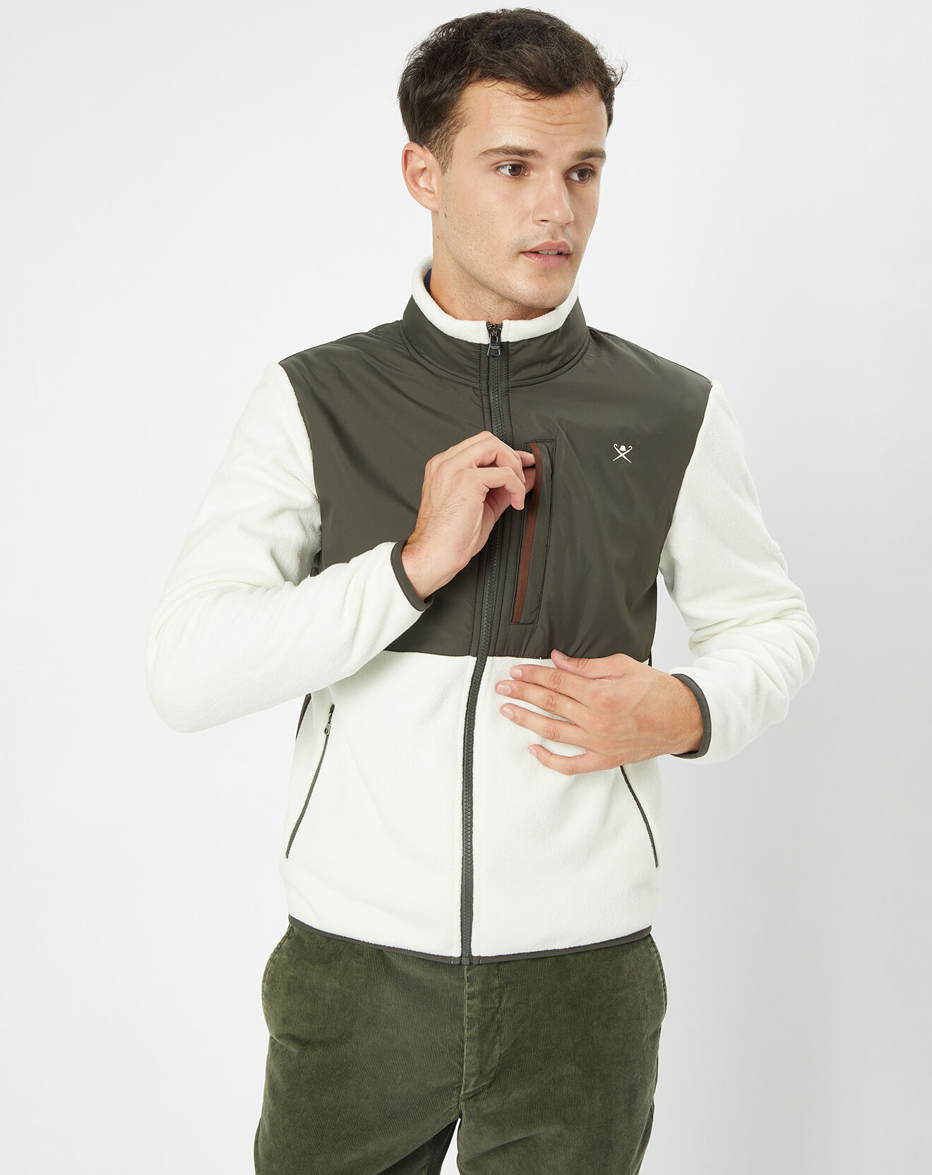 Hackett London Veste Polaire zippée bicolore écru/kaki