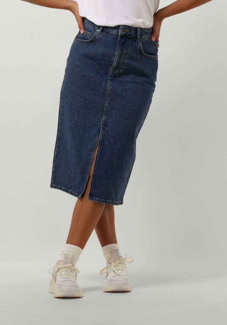 OBJECT donkerblauwe object midirok objellen midi denim skirt