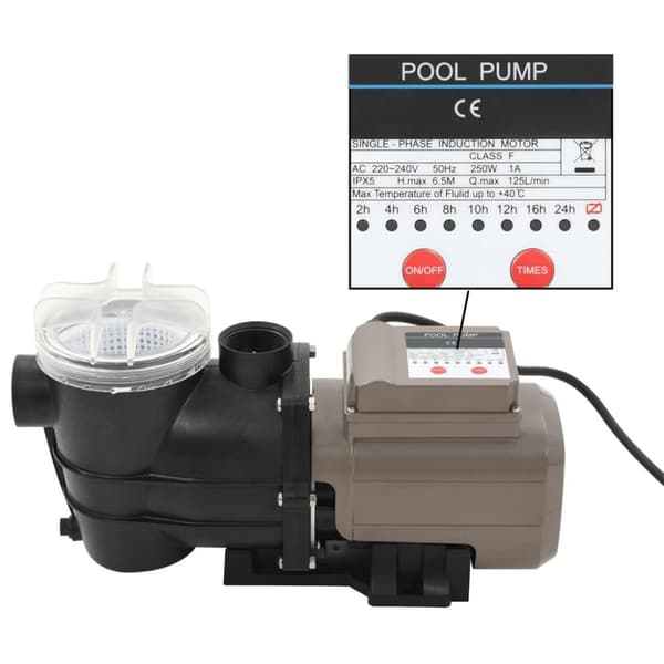 vidaXL Bassengpumpe med tidsur svart 0,25 HP 8000 L/t