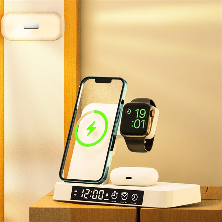 (15W) 5in1 Ladegerät Qi Wireless Charger für Smartphones / Apple Airpods / Apple Watch Ladestation mit Wecker   Nachtlicht - Weiss