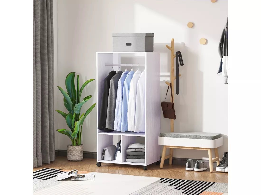 Portant à vêtements penderie mobile avec roulettes 2 niches + grand espace penderie panneaux particules blanc