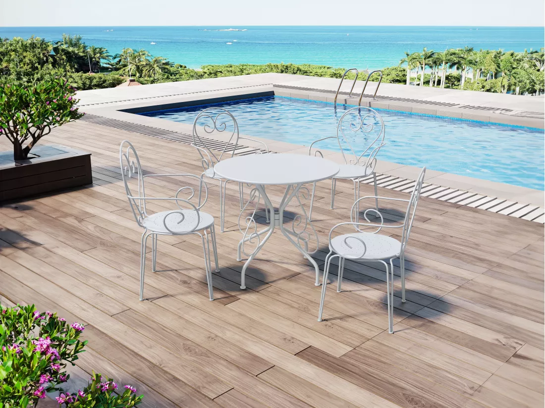 Salle à manger de jardin en métal façon fer forgé : une table et 4 fauteuils empilables blancs - GUERMANTES de MYLIA