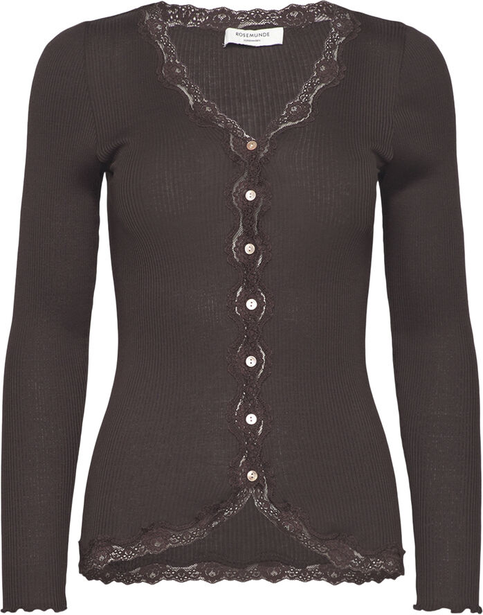 Rosemunde Silk cardigan w/ lace Dark espresso