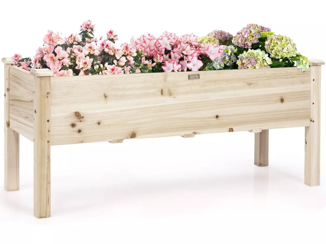 Jardinière Surélevée en Bois, Carré Potager sur Pied avec 5 Trous de Drainage, Jusqu’à 100KG,120x 43,5 x 51CM,Naturel