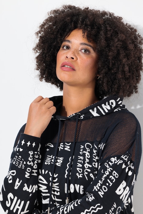 Long-Hoodie, oversized, Wording-Muster, Kapuze