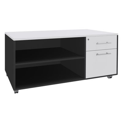 Console mobile LEVEL/STEELY/WOODY- L120 x H63 x P60 cm - 2 tiroirs dont 1 DS - coté anthracite - finition façade et dessus Blanc perle
