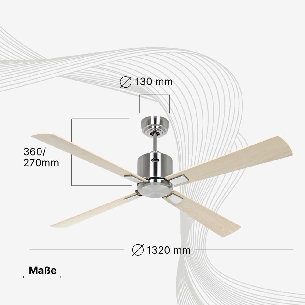 CasaFan ECO NEO III 132 WiFi Deckenventilator, Energiesparender & leiser Ventilator mit hochwertigen Holzflügeln, 6 Geschwindigkeiten mit Fernbedienung, für Räume bis 25 qm & Schrägen bis 23°