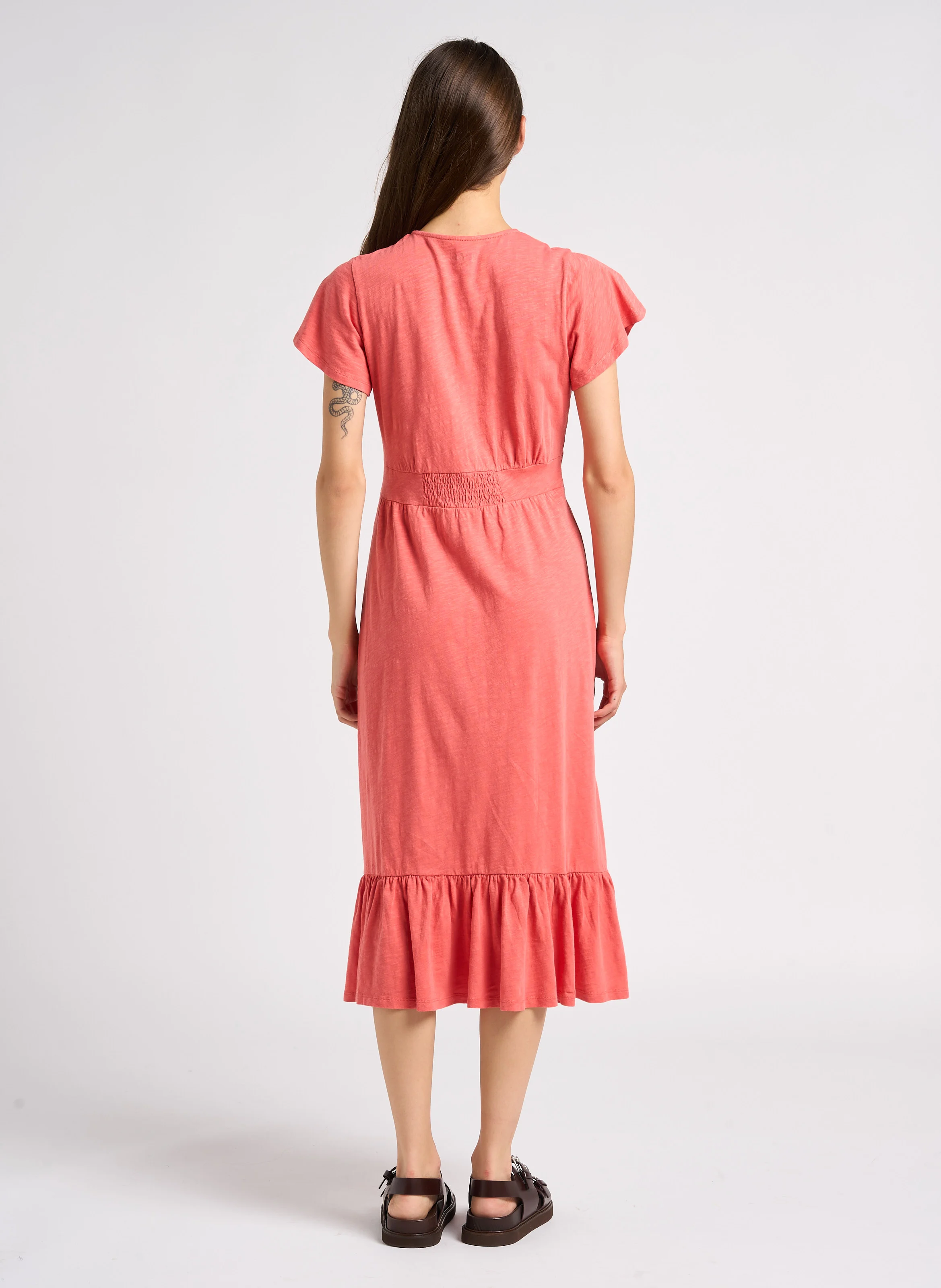VALMA - Robe midi col V en coton| Rose