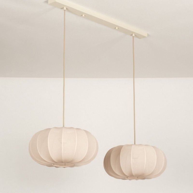 Beige - Dubbele Hanglamp - Stof - Japandi Stijl - Twee Lampion Kappen