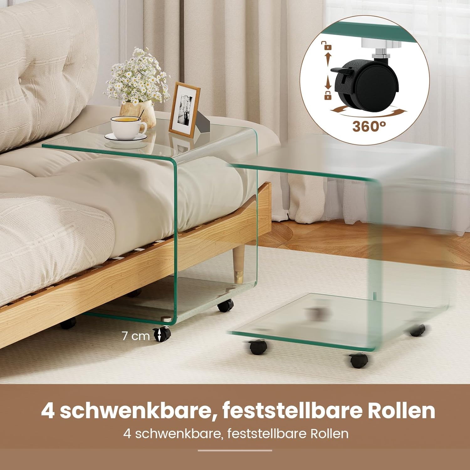COSTWAY Beistelltisch aus gehärtetem Glas mit Rollen, Glastisch C-Form, Nachttisch, Sofatisch, Kaffeetisch für Wohnzimmer, Schlafzimmer, 45 x 40 x 48 cm (Transparent)