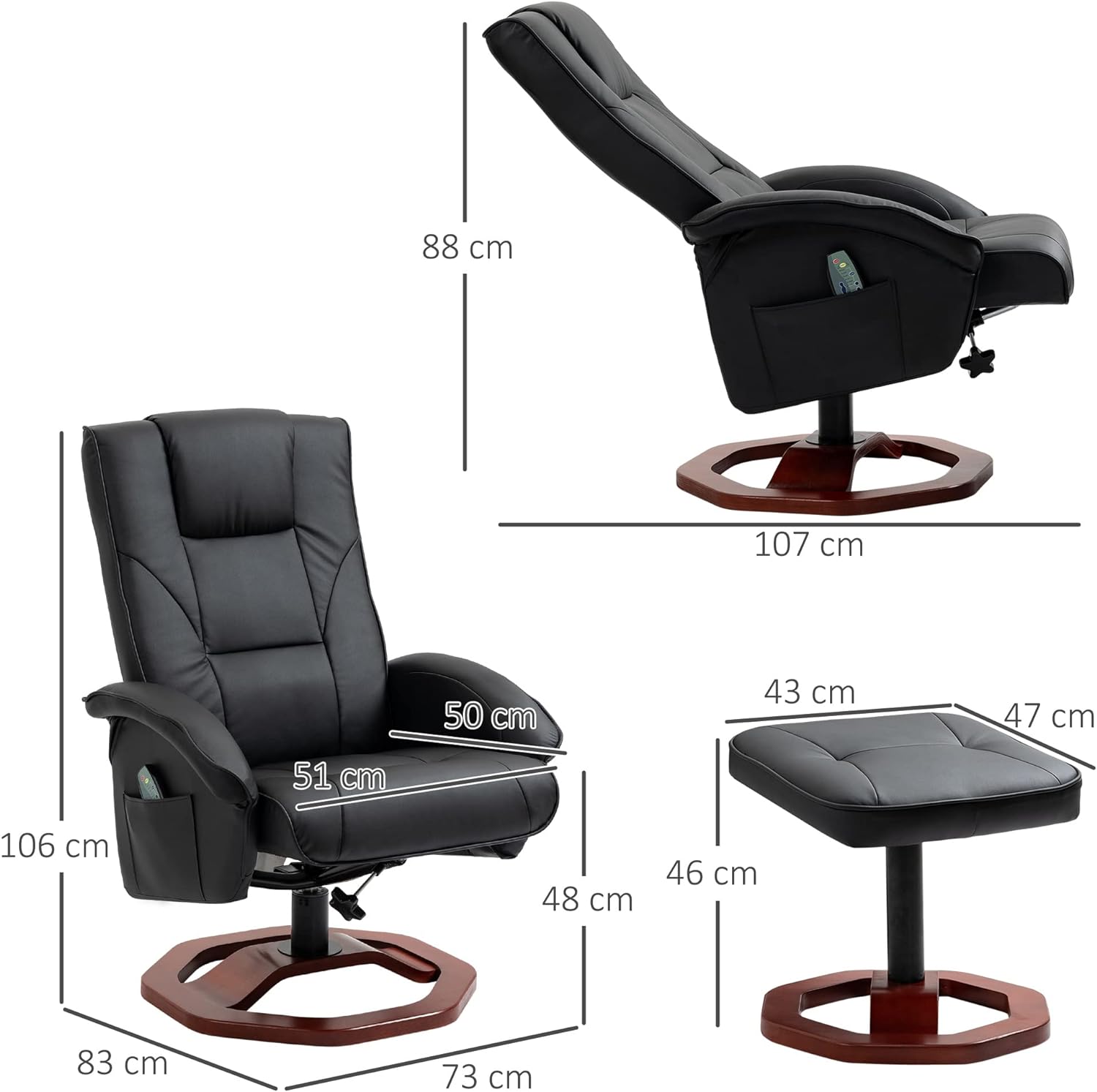 HOMCOM Sill&oacute;n de masaje con reposapi&eacute;s, funci&oacute;n de descanso, funci&oacute;n de descanso, sill&oacute;n reclinable con funci&oacute;n de masaje, giratorio 360&deg;, piel sint&eacute;tica, acero negro+marr&oacute;n, 73 x 83 x 106 c